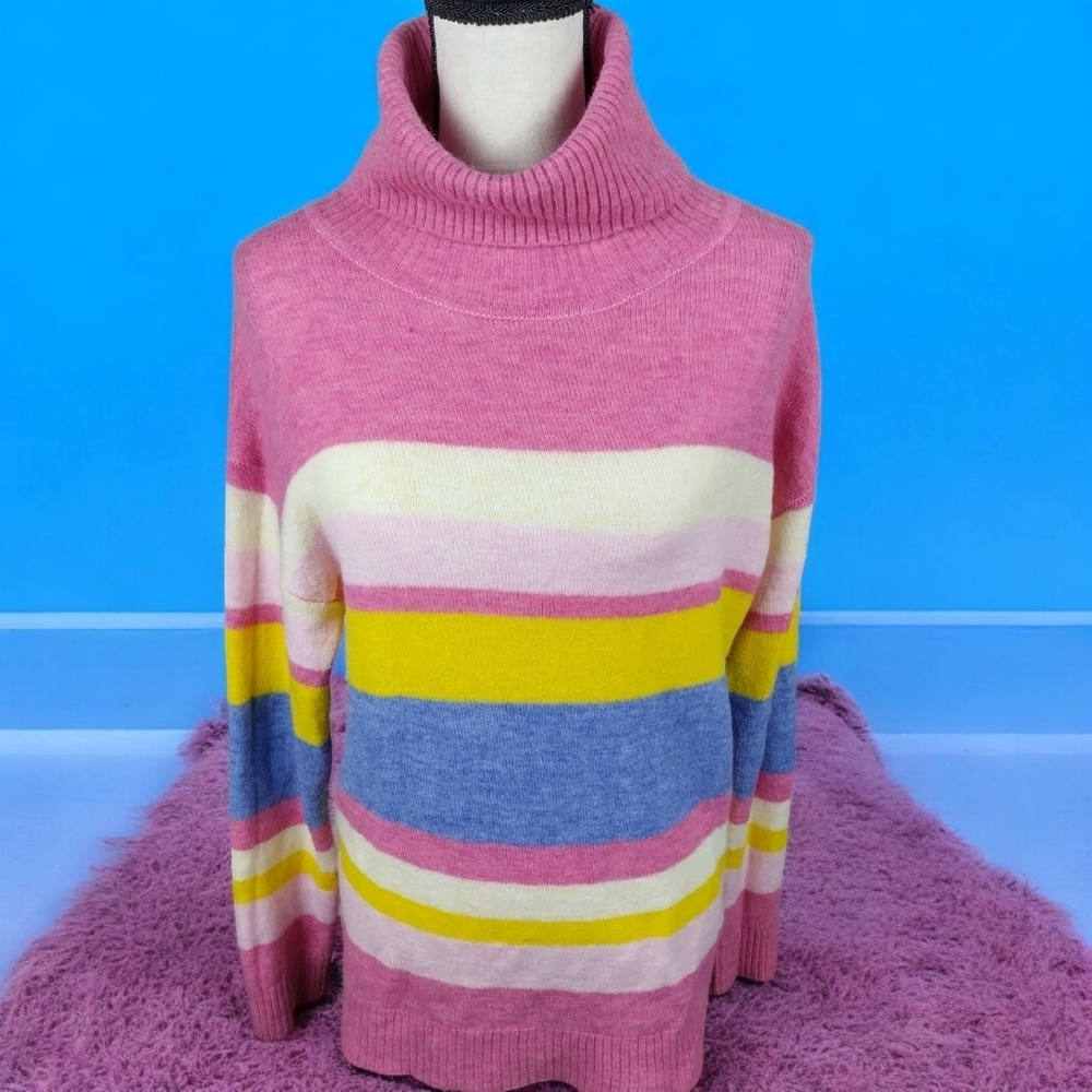 womens turtleneck sweater By DIP Size Large Pink Rainbow Form Fitting Fashion